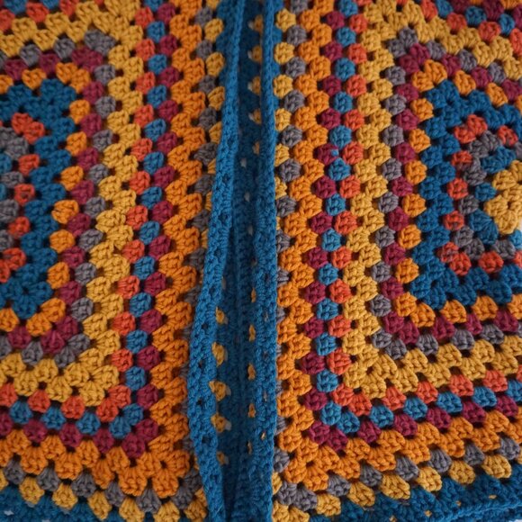 VTG Handmade Crochet Granny Square Cardigan Teal Mustard Retro Boho Sweater L - Picture 7 of 11